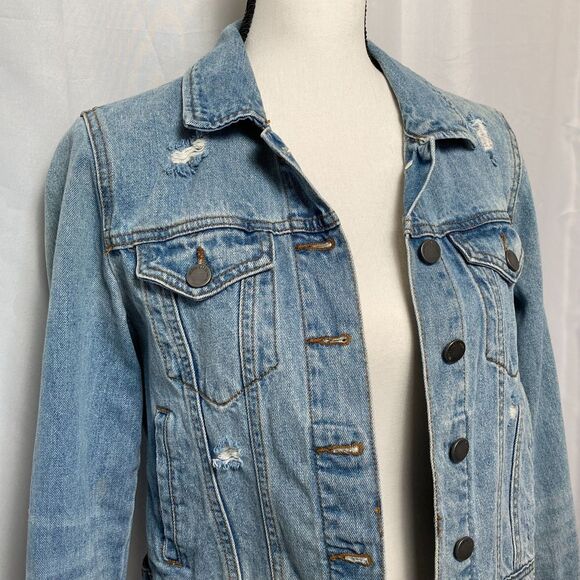 Black Label by C'Est Toi Jean Jacket Cropped Distressed Medium Wash Jean Jacket - Picture 2 of 8